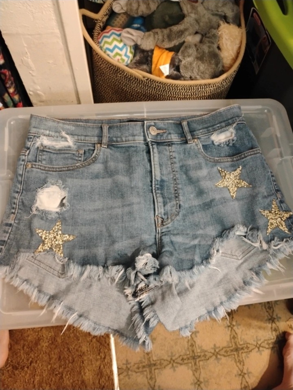 Express Light Blue Distressed Denim Shorts with Gold Star Embellishments